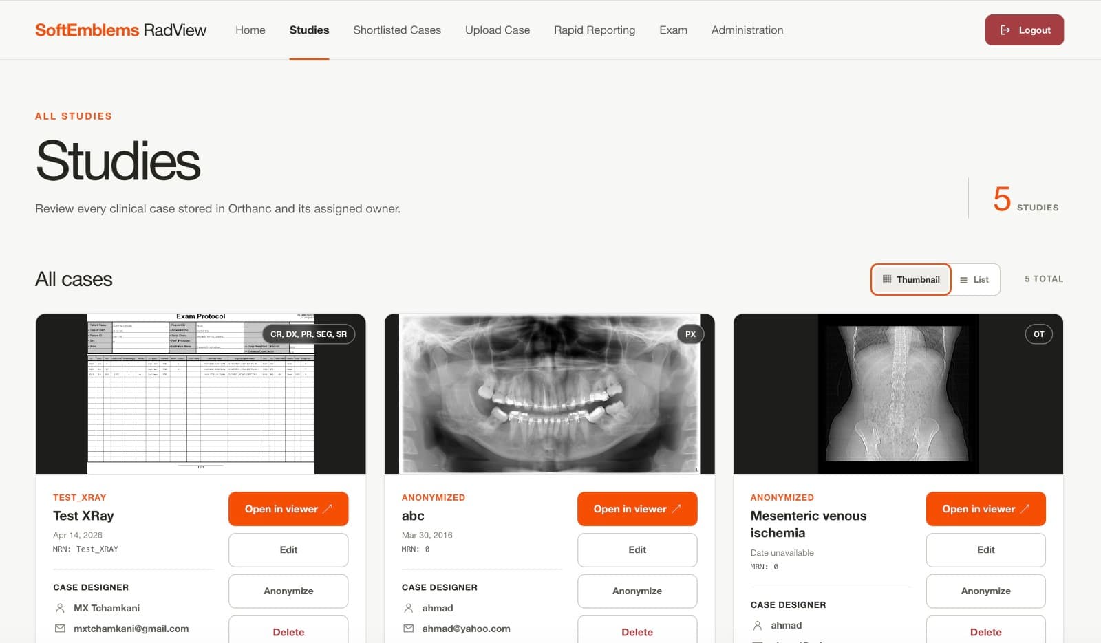 RadView study management interface